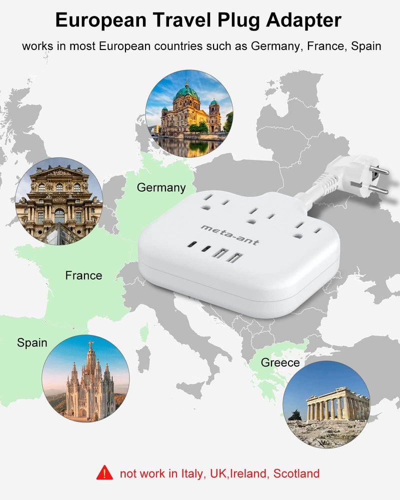 meta-ant European Travel Plug Adapter 3 inch, International Plug Adapter, US to Europe Plug Adapter with 3 Outlets 4 USB Ports(2 USB C), Type E F Power Adapter to EU Germany Spain France Portugal Iceland - Image 2